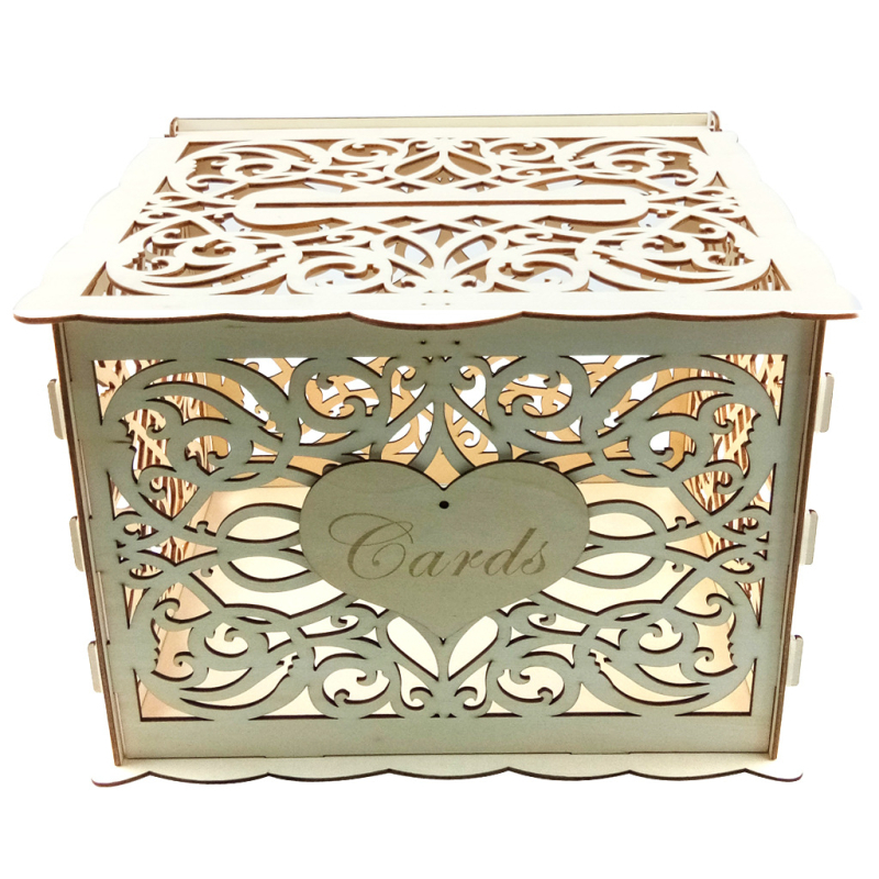 Új, barkácsolt fa esküvői ajándékkártya-doboz esküvői kellékek névjegykártya-bejelentő doboz fa esküvői asztali dekorációk nagykereskedelem