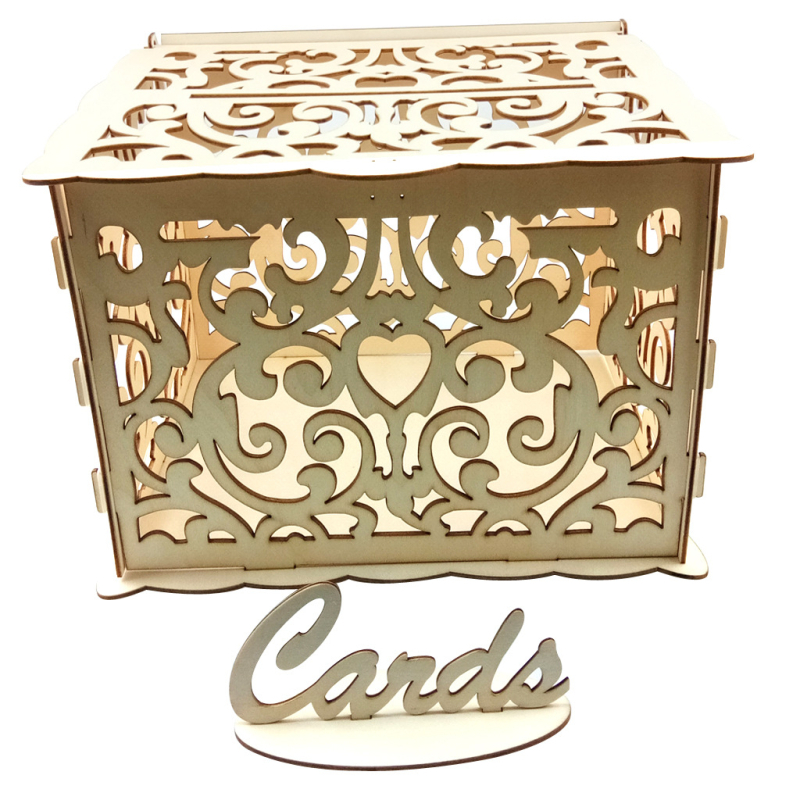 Új, barkácsolt fa esküvői ajándékkártya-doboz esküvői kellékek névjegykártya-bejelentő doboz fa esküvői asztali dekorációk nagykereskedelem