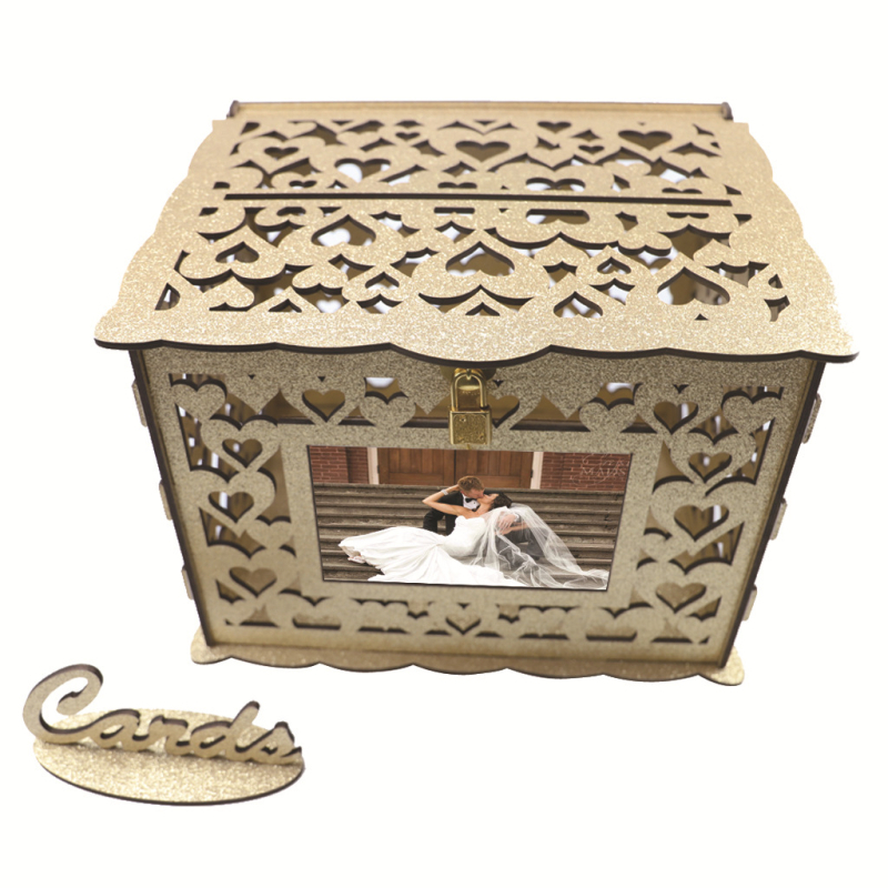 Új, barkácsolt fa esküvői ajándékkártya-doboz esküvői kellékek névjegykártya-bejelentő doboz fa esküvői asztali dekorációk nagykereskedelem