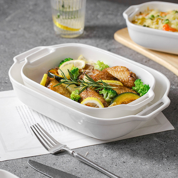 Vabaaja puhasvalge keraamiline ristkülikukujuline kahe kõrvaga küpsetuspann juustuga küpsetatud riisikauss kõrge temperatuurikindel majapidamisküpsetuskauss suupistekauss aurutatud kalataldrik