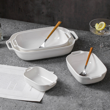 Vabaaja puhasvalge keraamiline ristkülikukujuline kahe kõrvaga küpsetuspann juustuga küpsetatud riisikauss kõrge temperatuurikindel majapidamisküpsetuskauss suupistekauss aurutatud kalataldrik