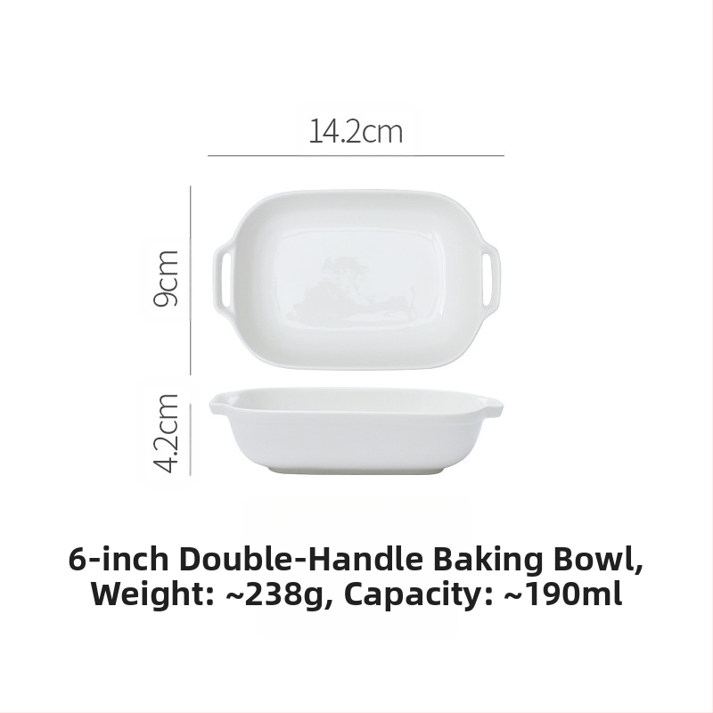 Vabaaja puhasvalge keraamiline ristkülikukujuline kahe kõrvaga küpsetuspann juustuga küpsetatud riisikauss kõrge temperatuurikindel majapidamisküpsetuskauss suupistekauss aurutatud kalataldrik