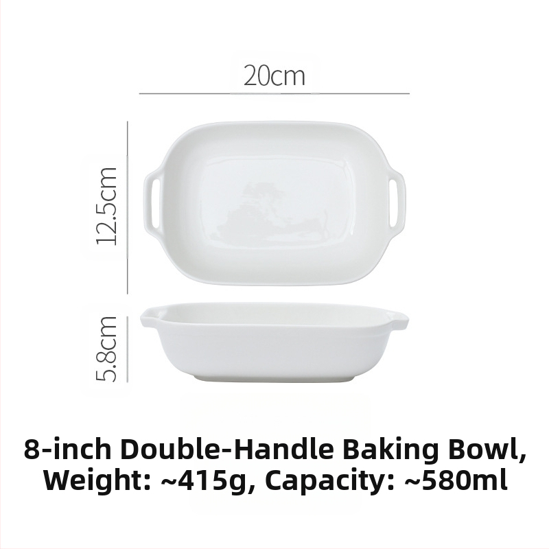 Vabaaja puhasvalge keraamiline ristkülikukujuline kahe kõrvaga küpsetuspann juustuga küpsetatud riisikauss kõrge temperatuurikindel majapidamisküpsetuskauss suupistekauss aurutatud kalataldrik