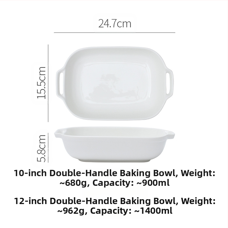 Vabaaja puhasvalge keraamiline ristkülikukujuline kahe kõrvaga küpsetuspann juustuga küpsetatud riisikauss kõrge temperatuurikindel majapidamisküpsetuskauss suupistekauss aurutatud kalataldrik