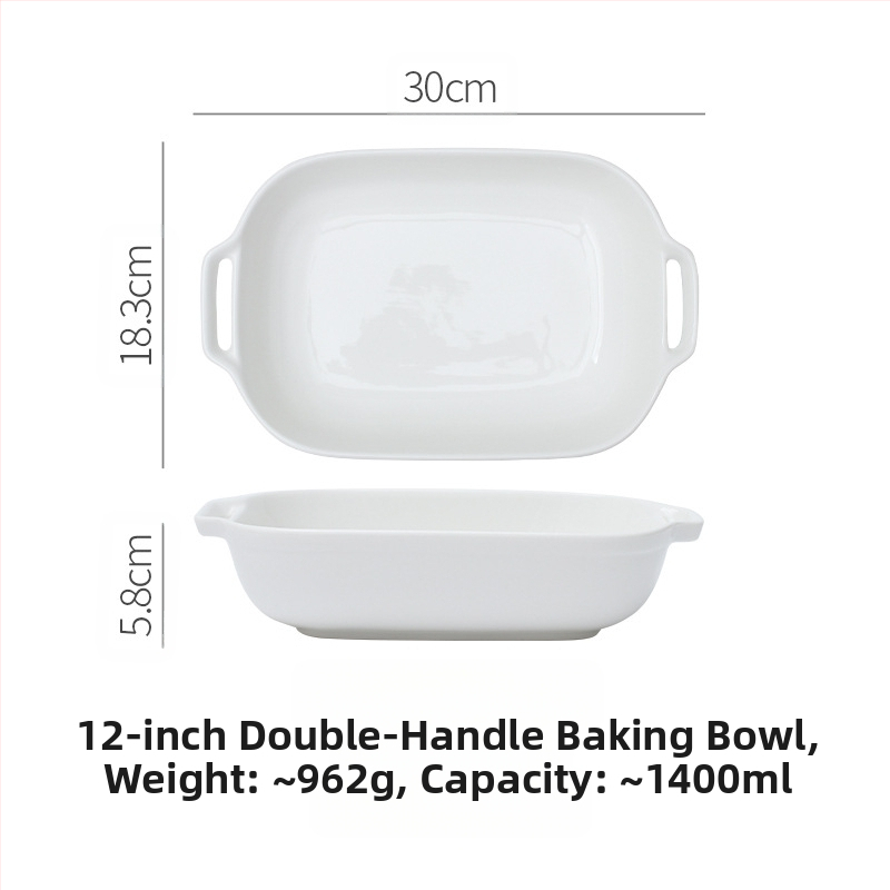 Vabaaja puhasvalge keraamiline ristkülikukujuline kahe kõrvaga küpsetuspann juustuga küpsetatud riisikauss kõrge temperatuurikindel majapidamisküpsetuskauss suupistekauss aurutatud kalataldrik