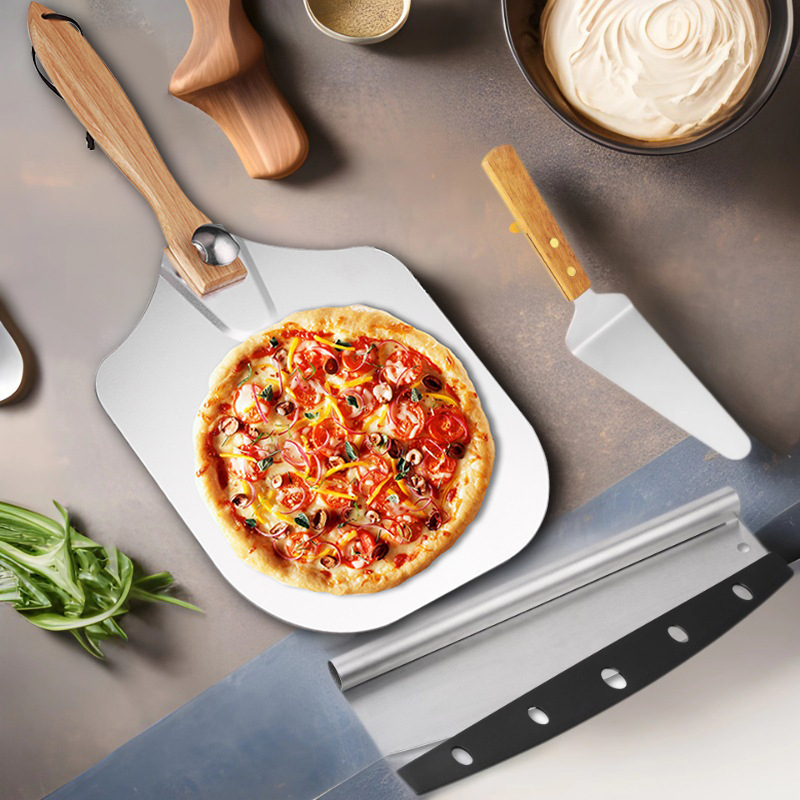 Sulankstomas aliuminio picos kastuvas, 12 colių, medinė rankena, picos kastuvas, picos pjaustytuvo įrankių rinkinys, picos kepimo kastuvas