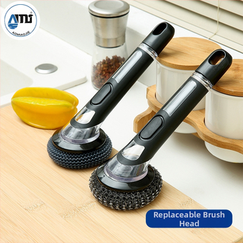 Четка за тенджери с дълга дръжка, пълна с течност, за дезинфекция и почистване на кухненски печки, четка за тенджери и съдове, четка от стоманена вълна, четка за тигани с незалепващо покритие