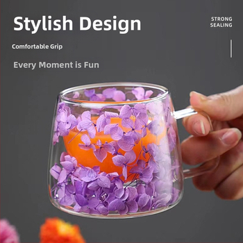 Διπλό ποτήρι από αληθινά λουλούδια με λαβή, βοριοπυριτικό γυαλί, απλό ποτήρι, ενσωματωμένο αποξηραμένο γυαλί λουλουδιών