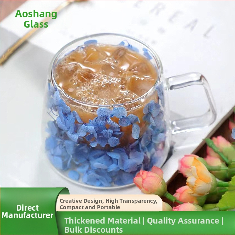 Tikrų gėlių dvisluoksnis stiklas su rankena Kavos puodelis Borosilikatinis stiklas Paprastas puodelis Įmontuotas džiovintų gėlių stiklas