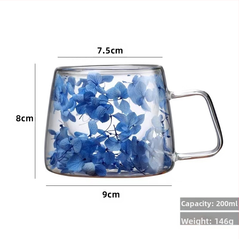 Tikrų gėlių dvisluoksnis stiklas su rankena Kavos puodelis Borosilikatinis stiklas Paprastas puodelis Įmontuotas džiovintų gėlių stiklas