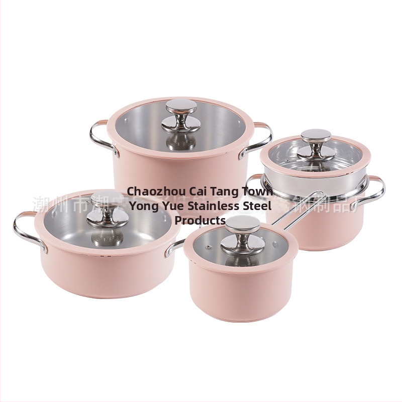 304 Σετ δοχείων από ανοξείδωτο ατσάλι με κεραμικό χρώμα σιλικόνης, γυάλινο καπάκι, κατσαρόλα σούπας, σύνθετο κάτω, κατσαρόλα γάλακτος, ατμομάγειρας, κορεάτικη κατσαρόλα θαλασσινών, ζεστό δοχείο