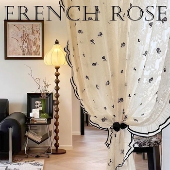 Черна бродирана роза френски античен крем стил Шанел романтичен дантелен марлен параван за прозорец на едро