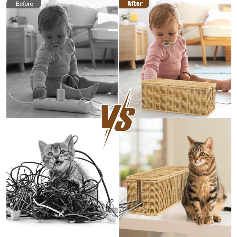 Kábelrendező doboz, rattanálló, kézzel szőtt dróttal rejtett tárolódoboz fedéllel, jó légáteresztő képességgel és magas biztonsággal