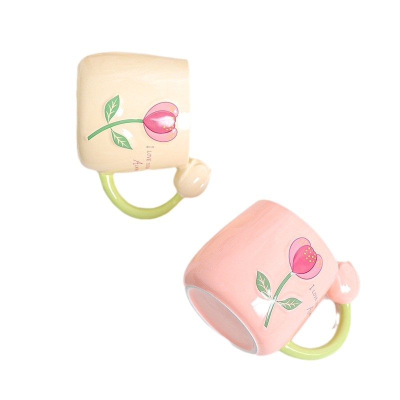 Friss tulipános vizespohár, személyre szabott kerámia bögre, sztereó virágos vizespohár, ajándék otthoni tejespohár