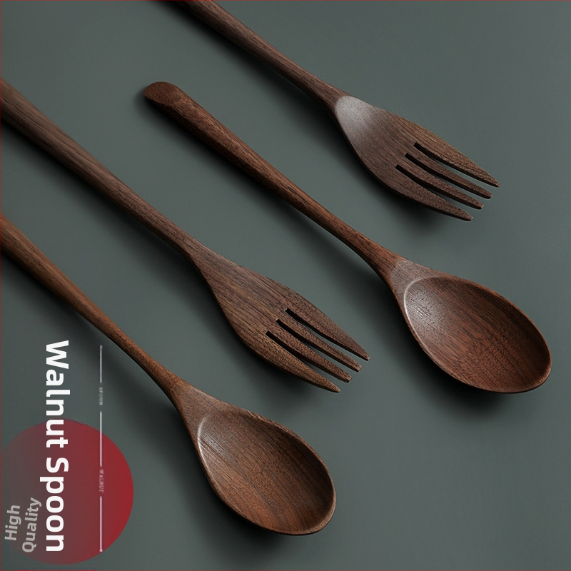 Лъжица за хранене от черен орех, лъжица за супа рамен с дълга дръжка, лъжица за охлюви, лъжица за кафе, комплект дървени лъжици от масивно дърво за домакинство