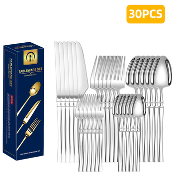 Roostevabast terasest lauanõude piiriülene tarnimine, väikese vöökohaga 30-osaline lääne hotelli roostevabast terasest steikinoa, kahvli ja lusika komplekt