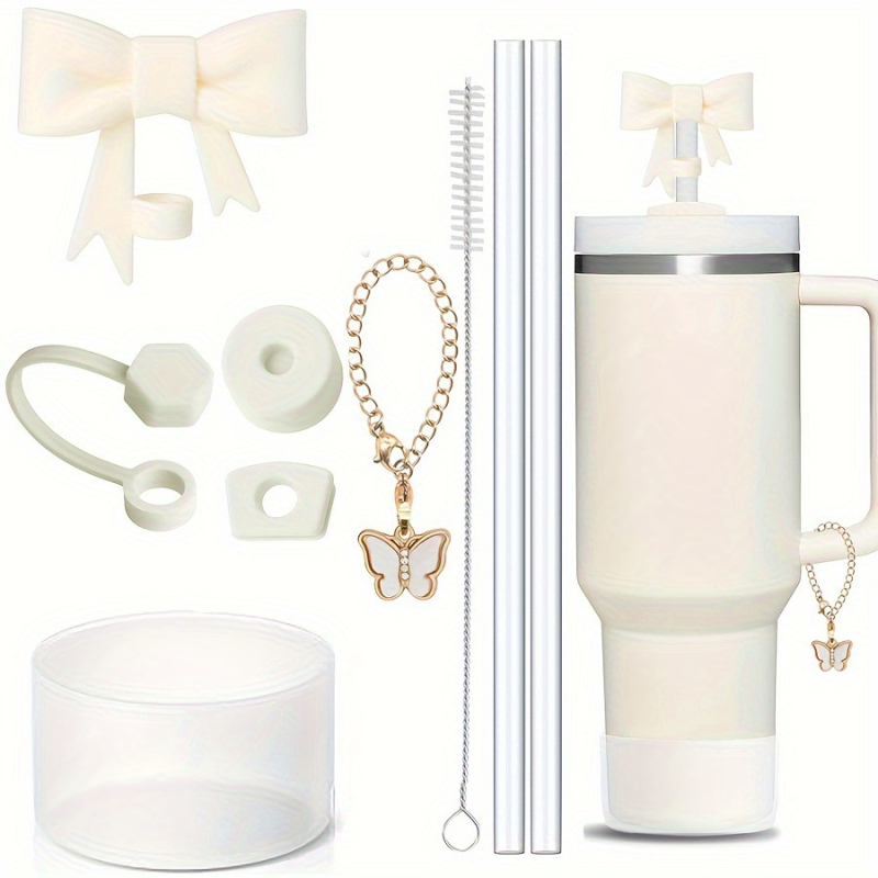 „Stanley“ silikoninis ledo puodelis su lankeliu, šiaudelio formos dangtelis, grandinėlė su drugeliu, 9 dalių rinkinys, sandarus šiaudelis, šepetėlių puodelių rinkinys