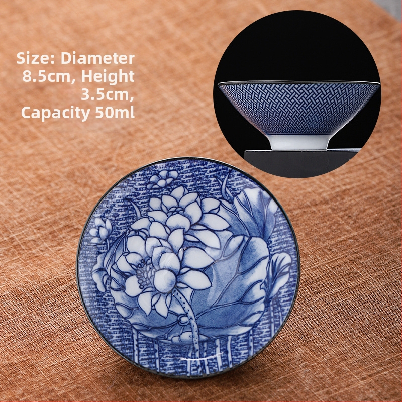 Mėlynai baltas porceliano arbatos puodelis, keraminis kung fu mažas arbatos puodelis, vieno puodelio arbatos rinkinys, arbatos puodelio kostiumas, arbatos dubuo, arbatos puodelis