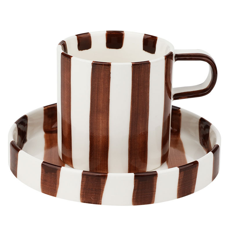 Käsitsi maalitud glasuurialune triibuline kohvitass ja alustass, uhke retro-keraamiline tass, kodukujundusega veetass