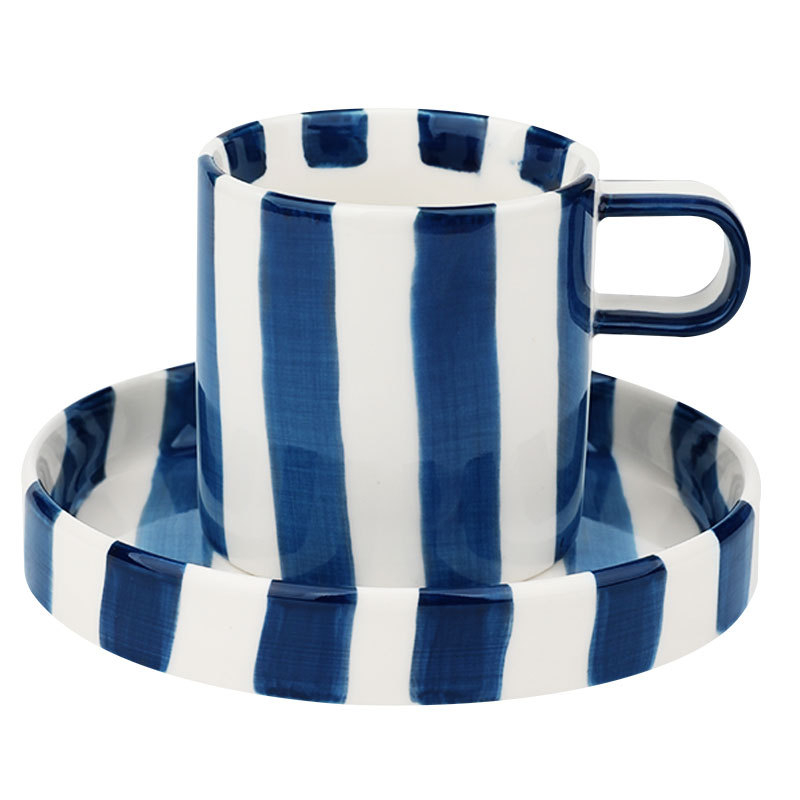 Käsitsi maalitud glasuurialune triibuline kohvitass ja alustass, uhke retro-keraamiline tass, kodukujundusega veetass