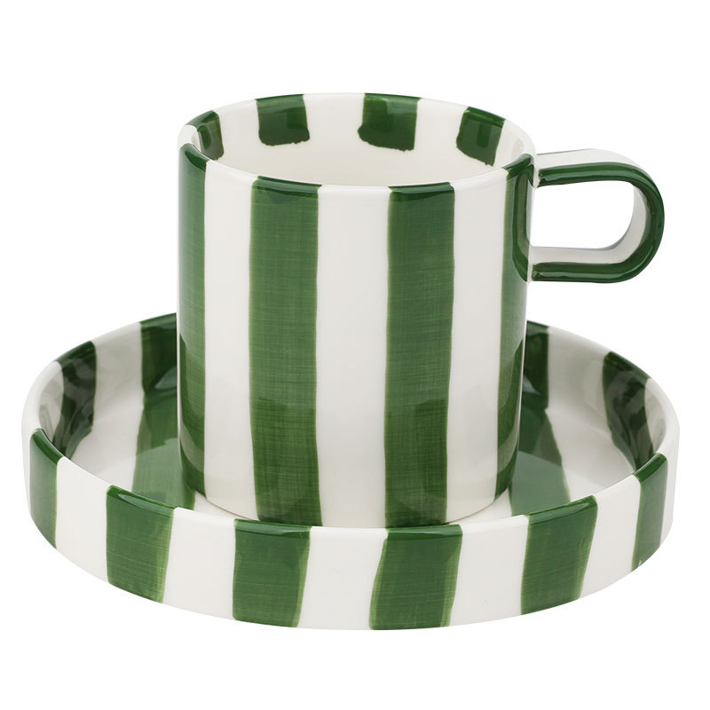 Käsitsi maalitud glasuurialune triibuline kohvitass ja alustass, uhke retro-keraamiline tass, kodukujundusega veetass