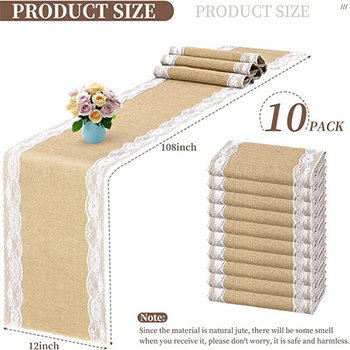 Tarpvalstybinis džiuto stalo takelis su retro nėriniais, natūralaus džiuto stalo takelis, vestuvių stalo dekoravimas