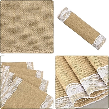 Tarpvalstybinis džiuto stalo takelis su retro nėriniais, natūralaus džiuto stalo takelis, vestuvių stalo dekoravimas