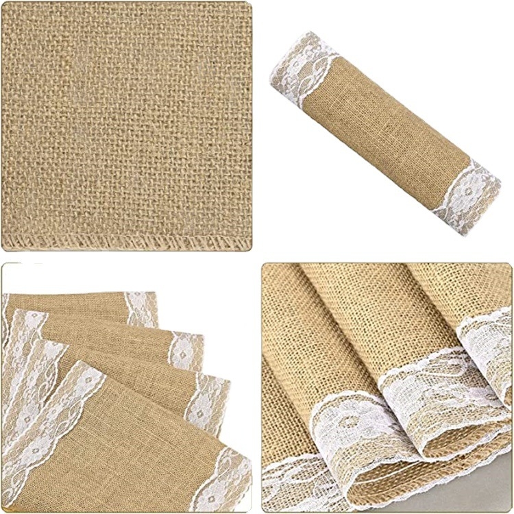 Tarpvalstybinis džiuto stalo takelis su retro nėriniais, natūralaus džiuto stalo takelis, vestuvių stalo dekoravimas