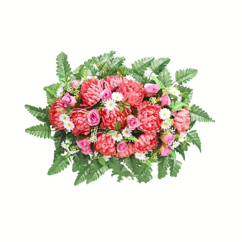 Mesterséges piros sírkővirág, nyeregvirág temetői emlékvirághoz, anyák napi temetődíszítés határokon átnyúló robbanásokhoz