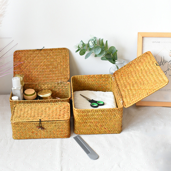 Κουτί Fidelity για μακιγιάζ από φυσικά φύκια, μακρύ τετράγωνο μαύρο αγκράφα με επίπεδο κάλυμμα, υφαντό καλάθι αποθήκευσης από άχυρο, συνοδευτικό δώρο