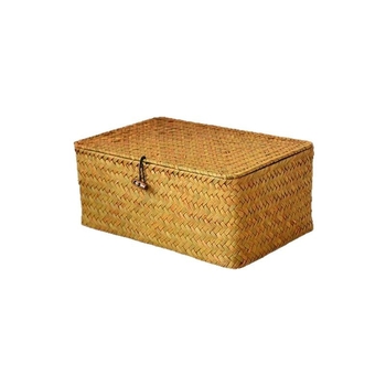 Κουτί Fidelity για μακιγιάζ από φυσικά φύκια, μακρύ τετράγωνο μαύρο αγκράφα με επίπεδο κάλυμμα, υφαντό καλάθι αποθήκευσης από άχυρο, συνοδευτικό δώρο