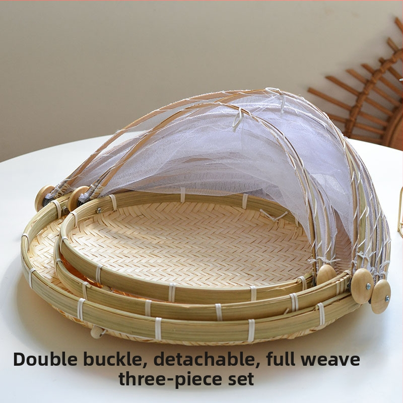 Bambusest mähitud tooted võrgust kattega Kodune kärbsekindel bambuskorv Talu aurutatud leivakorv Puuviljakorv Hoiukorv Prügikühvli kaas Kuivatusalus