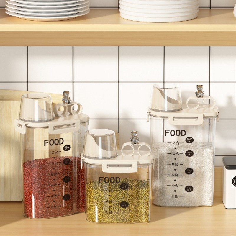 Креативна кофа за съхранение на зърно в японски стил, буркан за съхранение, кухненска кофа за ориз, контейнер за по-чисти храни, удебелен с мерителна чаша