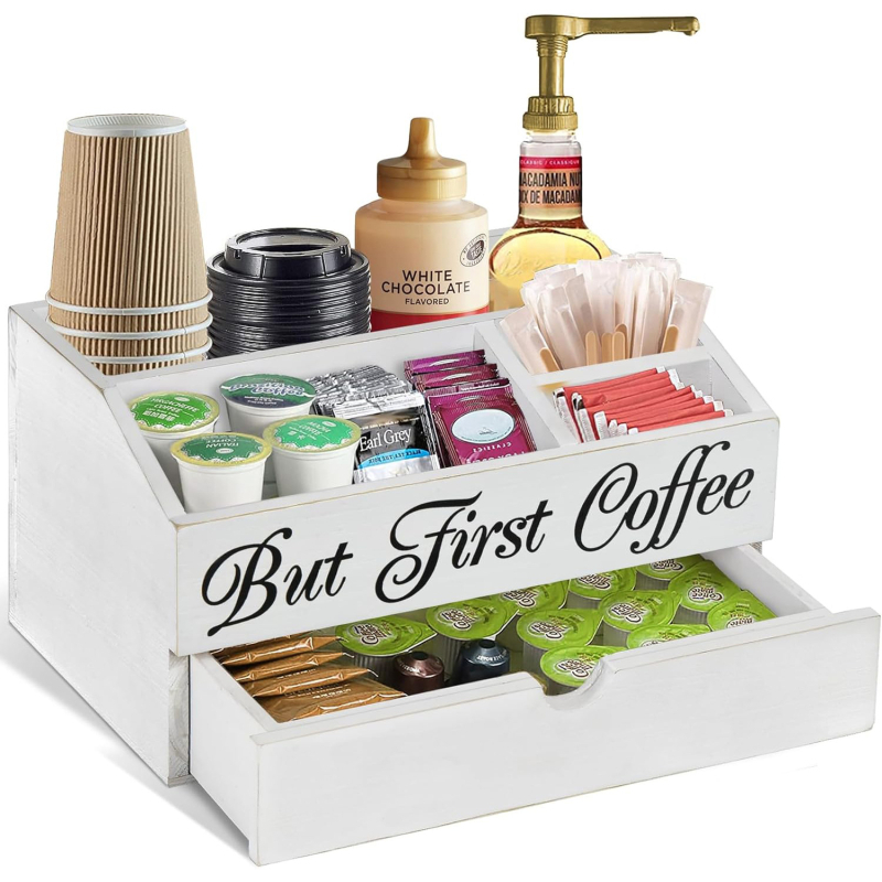 Tarpvalstybinė kavos baro laikymo dėžutė restorano registratūroje, popierinių puodelių arbatos maišelio padalinta vitrina, arbatos kambario užkandžių laikymo dėžutė