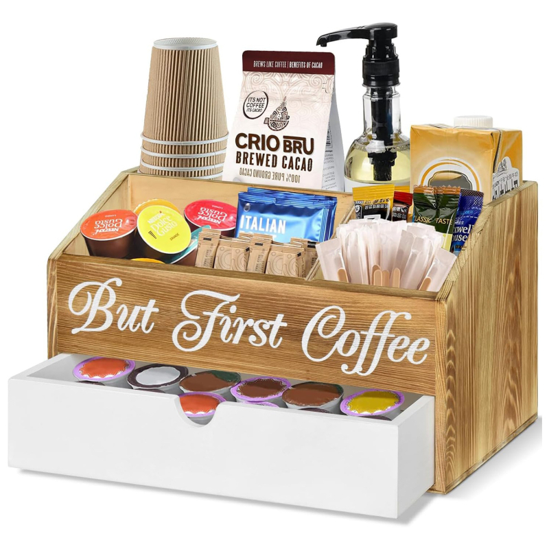 Tarpvalstybinė kavos baro laikymo dėžutė restorano registratūroje, popierinių puodelių arbatos maišelio padalinta vitrina, arbatos kambario užkandžių laikymo dėžutė