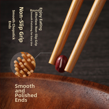 Natūralaus bambuko aukštos kokybės bambuko lazdelės buitiniam naudojimui, atsparios pelėsiui, antibakterinės, atsparios aukštai temperatūrai, be dažų, be vaško, neslystančios, penkių spalvų lazdelės dalinimuisi maistu.