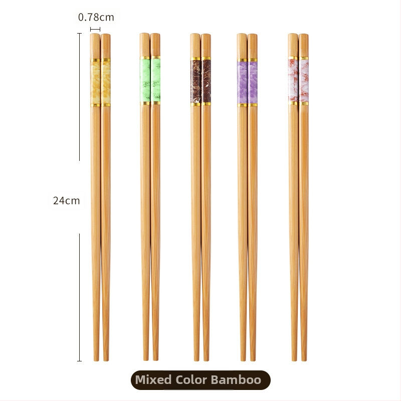 Natūralaus bambuko aukštos kokybės bambuko lazdelės buitiniam naudojimui, atsparios pelėsiui, antibakterinės, atsparios aukštai temperatūrai, be dažų, be vaško, neslystančios, penkių spalvų lazdelės dalinimuisi maistu.