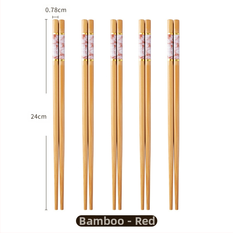 Natūralaus bambuko aukštos kokybės bambuko lazdelės buitiniam naudojimui, atsparios pelėsiui, antibakterinės, atsparios aukštai temperatūrai, be dažų, be vaško, neslystančios, penkių spalvų lazdelės dalinimuisi maistu.