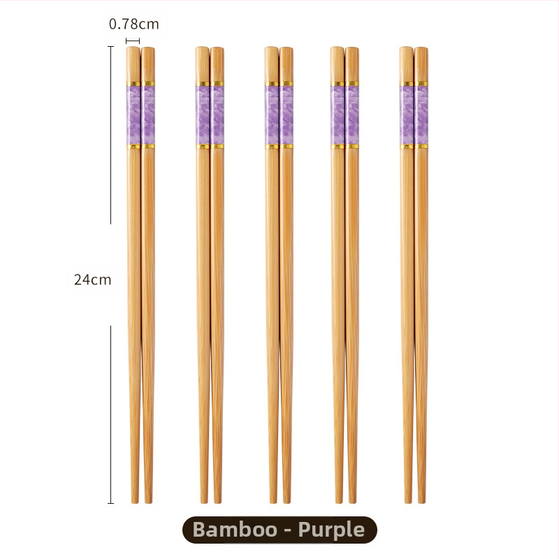 Natūralaus bambuko aukštos kokybės bambuko lazdelės buitiniam naudojimui, atsparios pelėsiui, antibakterinės, atsparios aukštai temperatūrai, be dažų, be vaško, neslystančios, penkių spalvų lazdelės dalinimuisi maistu.