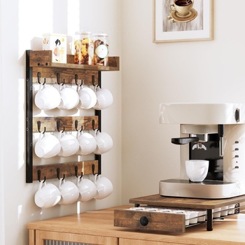 Medžio masyvo puodelių laikiklis, prie sienos tvirtinamas kavos puodelių laikymo stovas, medinis kaimiško stiliaus puodelių laikymo stovas, kanalizacijos stovas