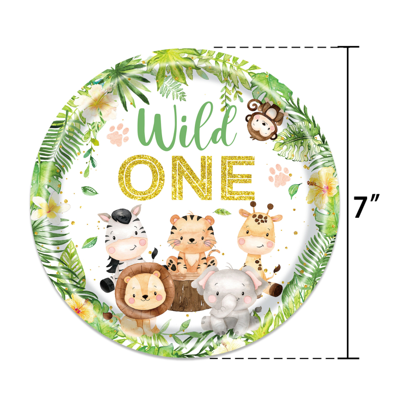 Havajų „Wildone“ džiunglių gyvūnų medžioklės gimtadienio vakarėlio stalo reikmenys, vienkartinės popierinės lėkštės, popierinių puodelių rinkinys