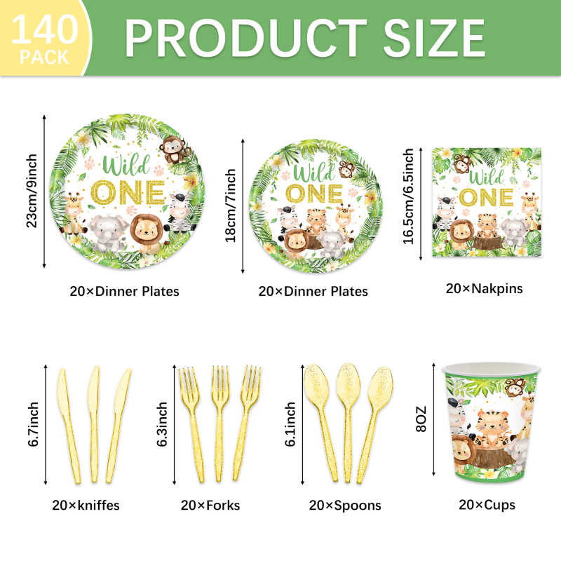 Havajų „Wildone“ džiunglių gyvūnų medžioklės gimtadienio vakarėlio stalo reikmenys, vienkartinės popierinės lėkštės, popierinių puodelių rinkinys