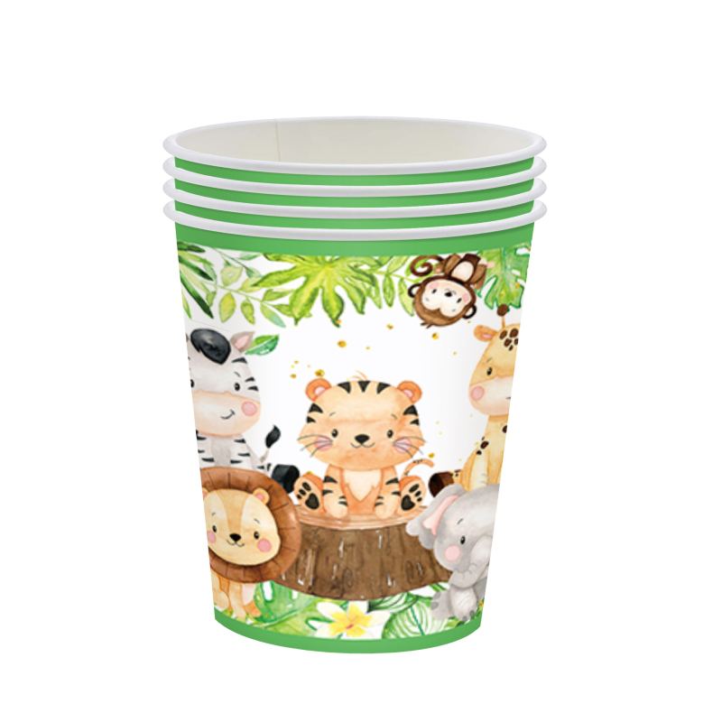 Havajų „Wildone“ džiunglių gyvūnų medžioklės gimtadienio vakarėlio stalo reikmenys, vienkartinės popierinės lėkštės, popierinių puodelių rinkinys