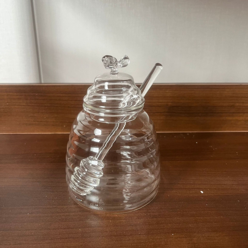 Japoniško stiliaus stiklinis medaus indelis su maišymo lazdele, kūrybingas, skaidrus, išskirtinis buitinis medaus butelis su dangteliu, paprastas uogienės butelis