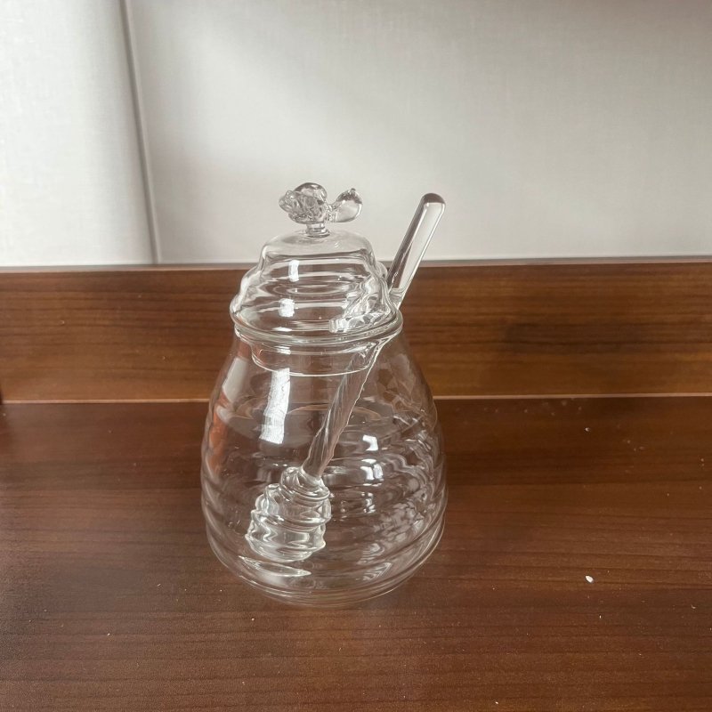 Japoniško stiliaus stiklinis medaus indelis su maišymo lazdele, kūrybingas, skaidrus, išskirtinis buitinis medaus butelis su dangteliu, paprastas uogienės butelis