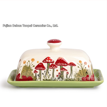 Piiriülene kuummüügis loominguline seene-keraamiline võiroog köögis juustu ja juustu hoiukarp kaanega õlimahuti hoiukarp