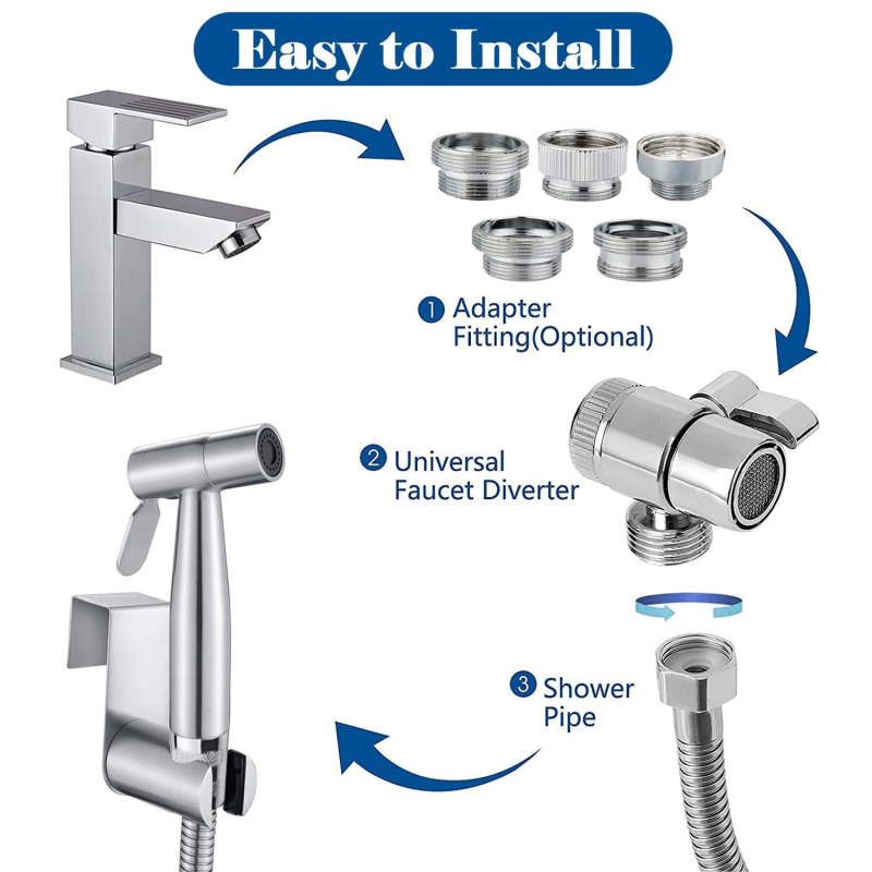Pištolj za prskanje slavine za kupaonicu, odgovara mlaznici za bide - s preusmjerivačem slavine, crijevom od 1,5 m i kukom