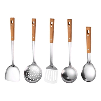 Nerūdijančio plieno mentelė, kiaurasamtis, kepimo kastuvėlis, sriubos nutekėjimo sistema, pilnas buitinių virtuvės reikmenų rinkinys, maisto gaminimo reikmenų rinkinys, šaukštas, penkių dalių rinkinys