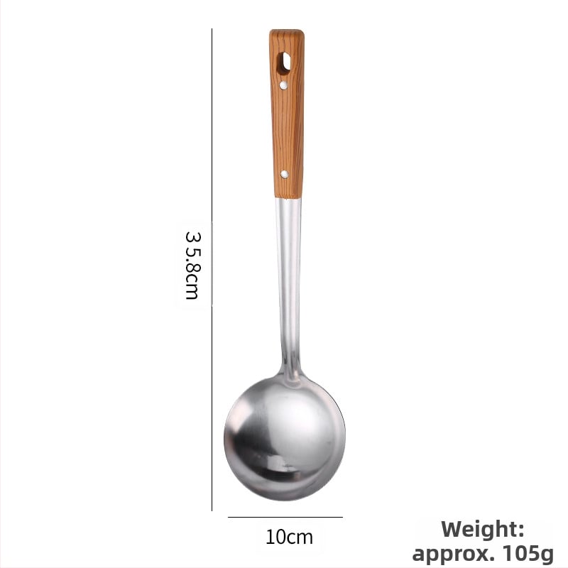 Nerūdijančio plieno mentelė, kiaurasamtis, kepimo kastuvėlis, sriubos nutekėjimo sistema, pilnas buitinių virtuvės reikmenų rinkinys, maisto gaminimo reikmenų rinkinys, šaukštas, penkių dalių rinkinys