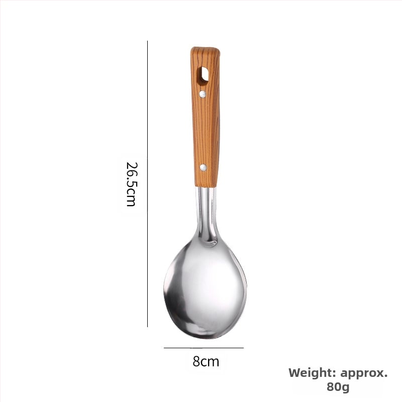 Nerūdijančio plieno mentelė, kiaurasamtis, kepimo kastuvėlis, sriubos nutekėjimo sistema, pilnas buitinių virtuvės reikmenų rinkinys, maisto gaminimo reikmenų rinkinys, šaukštas, penkių dalių rinkinys